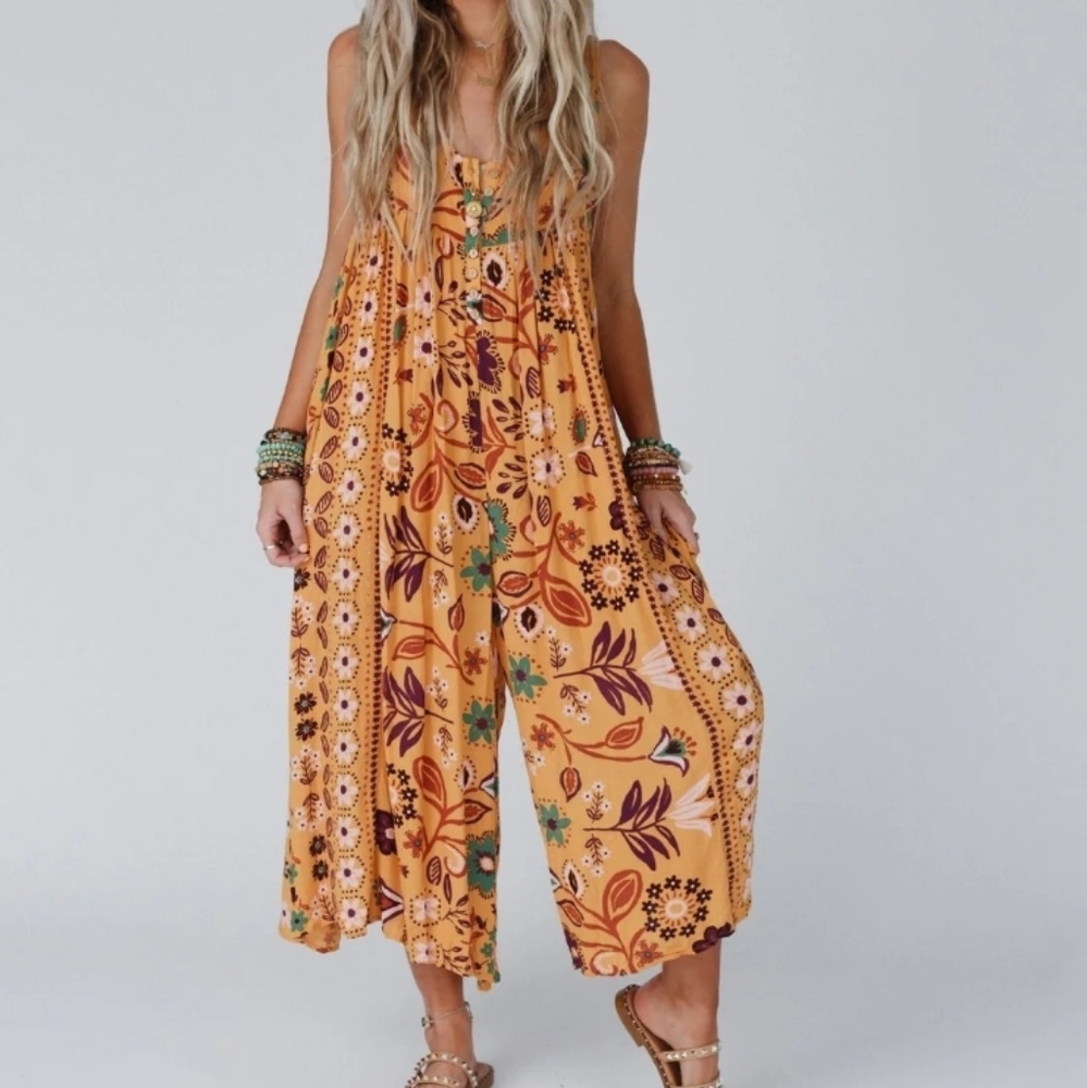 Leona Floral Printed Jumpsuit, Mustard, Size M, Three Bird Nest